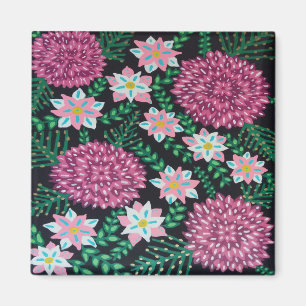 Magenta Flowers on Black Magnet