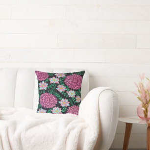 Magenta Flowers on Black Throw Pillow