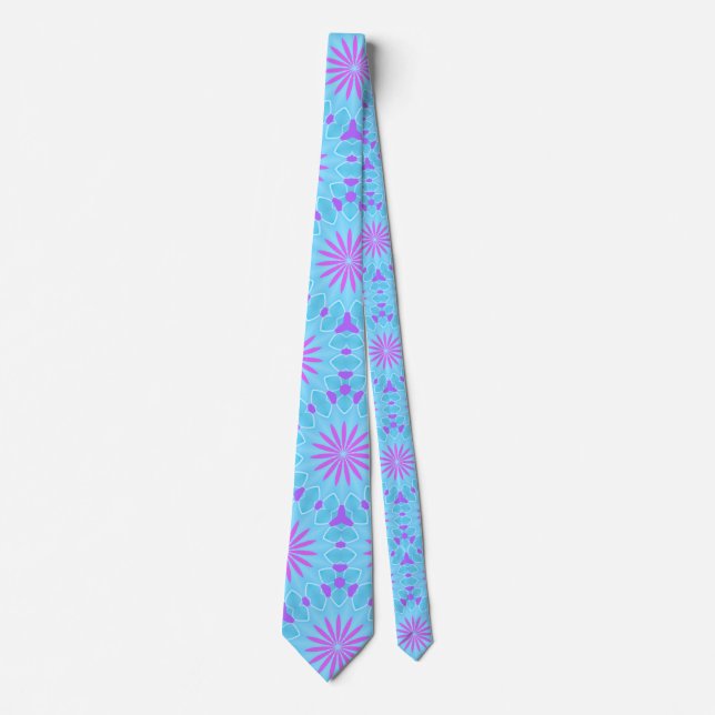 Magenta Flowers with Sky Blue and Purple Shapes Neck Tie (Front)