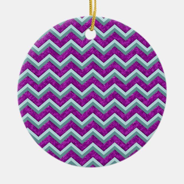 Magenta Foil and Teal ZigZag Pattern Ceramic Ornament (Front)