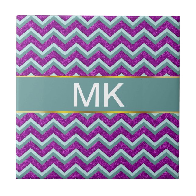 Magenta Foil and Teal ZigZag Pattern Ceramic Tile (Front)