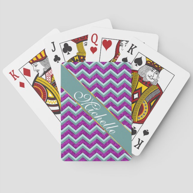 Magenta Foil and Teal ZigZag Pattern Poker Cards (Back)