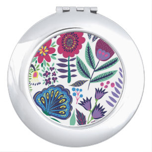 Magenta Folk Art Floral Pattern Compact Mirror