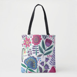 Magenta Folk Art Floral Pattern Tote Bag