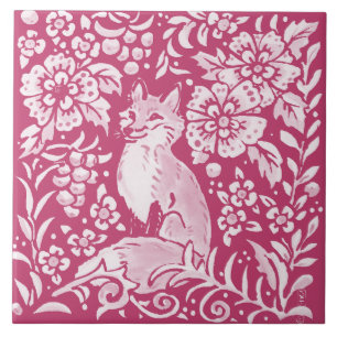 Magenta Fox Animal Nature Woodland Floral Ceramic Tile