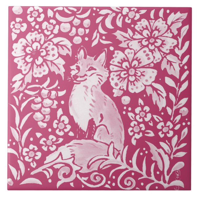 Magenta Fox Animal Nature Woodland Floral Ceramic Tile (Front)
