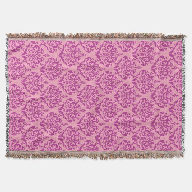 Magenta Frosted Orchid Damask Throw Blanket (Front)