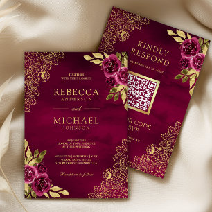 Magenta Fuchsia Floral Gold Lace QR Code Wedding Invitation