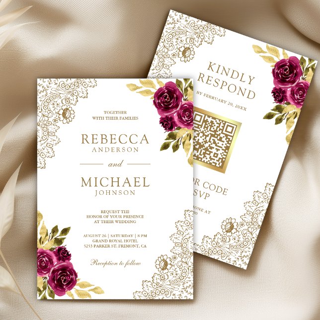 Magenta Fuchsia Floral Lace White QR Code Wedding Invitation (Creator Uploaded)