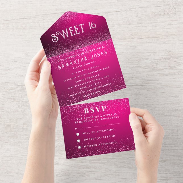 Magenta Fuchsia Glitter Sparkle Modern Sweet 16 All In One Invitation (Tearaway)