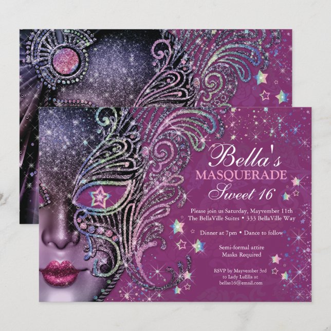Magenta Galaxy Masquerade Sweet 16 Invitation (Front/Back)
