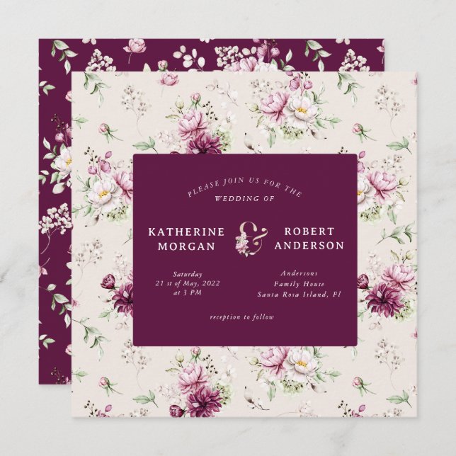 magenta garden floral square wedding invitation (Front/Back)