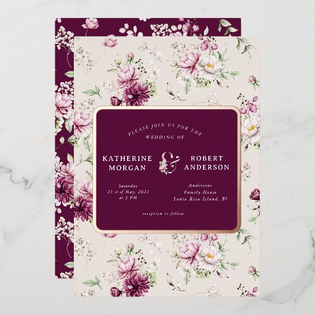 magenta garden floral wedding foil invitation (Front/Back)