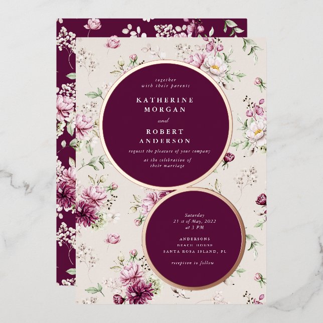 magenta garden floral wedding foil invitation (Front/Back)