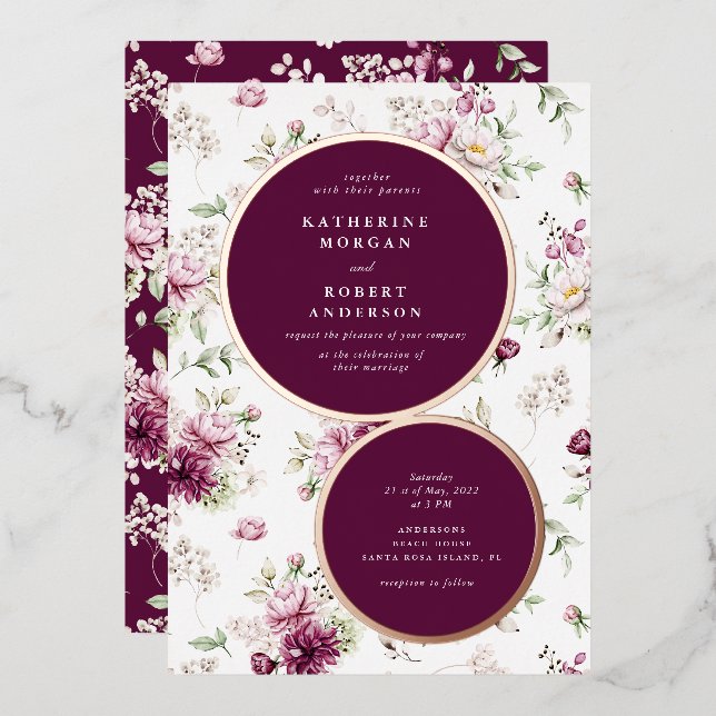 magenta garden floral wedding invitation foil invitation (Front/Back)