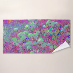 Magenta Garden with Aqua Hydrangea Flowers Bath Towel