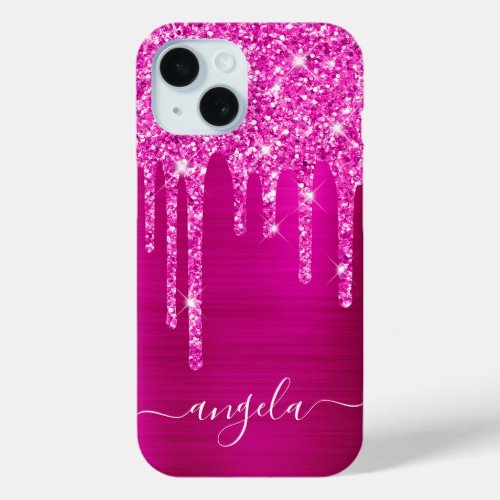 Magenta Glitter Drips Hot Pink Glam Signature iPhone 15 Case