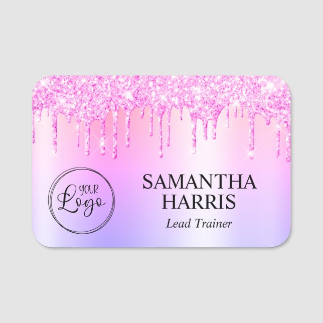 Magenta Glitter Drips Rainbow Shimmer Name Tag (Front)