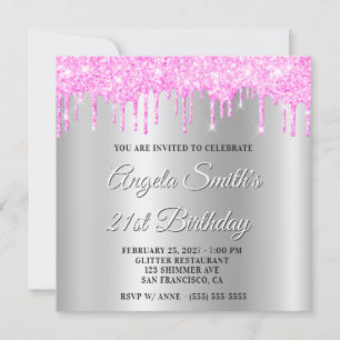 Magenta Glitter Drips Silver Ombre Drop Shadow Invitation