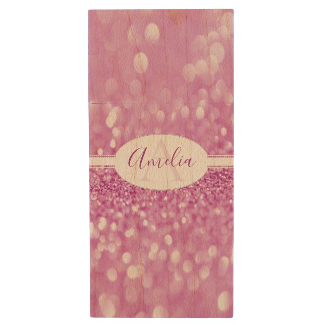 Magenta Glitter Personalize USB Wooden Flash Drive (Front Vertical)