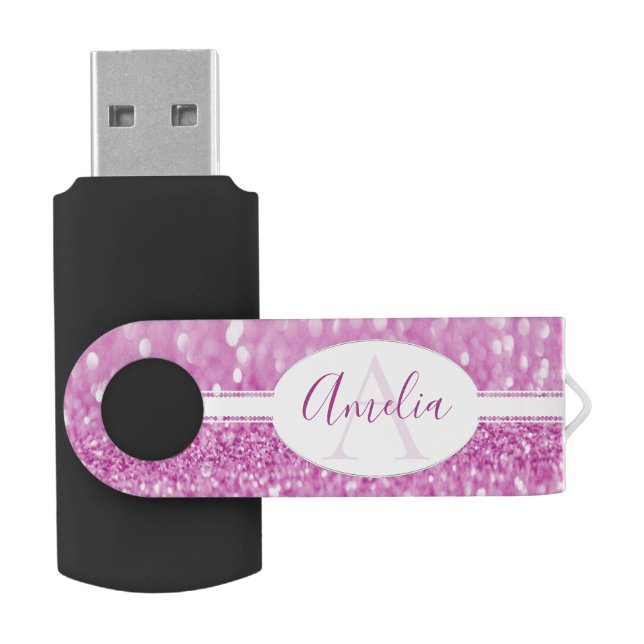 Magenta Glitter Personalized USB Flash Drive (Opened)
