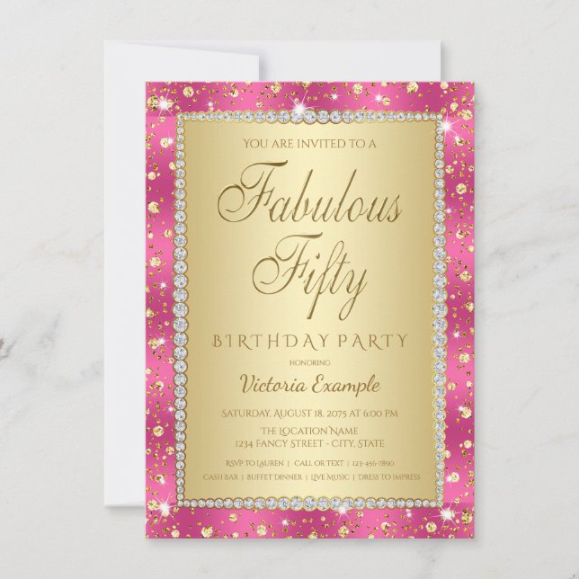 Magenta Gold 50th Birthday Party Invitations (Front)