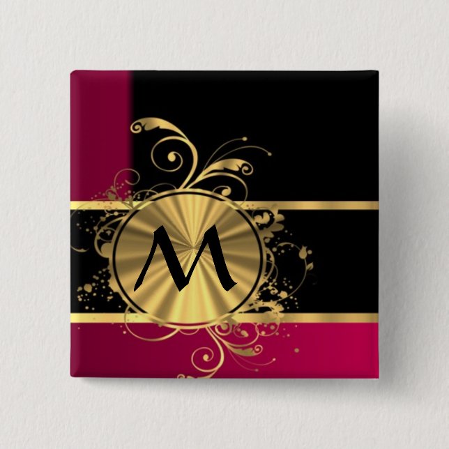 Magenta gold and black monogram button (Front)
