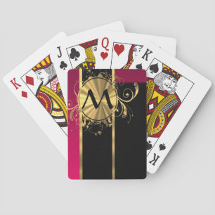 Magenta gold and black monogram poker cards