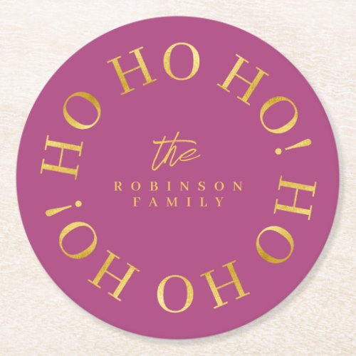 Magenta Gold Christmas Ho Ho Ho ID1009 Round Paper Coaster