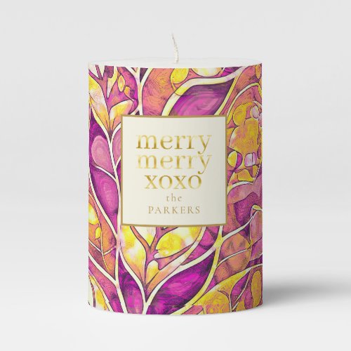 Magenta Gold Christmas Merry Pattern21 ID1009 Pillar Candle