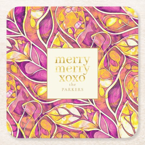 Magenta Gold Christmas Merry Pattern21 ID1009 Square Paper Coaster