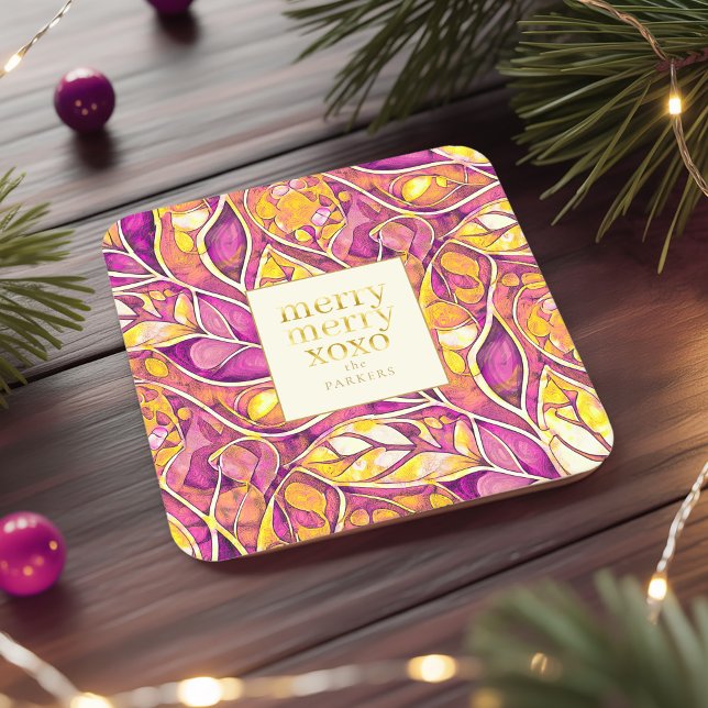 Magenta Gold Christmas Merry Pattern#21 ID1009 Square Paper Coaster (Creator Uploaded)
