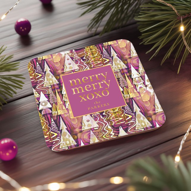 Magenta Gold Christmas Merry Pattern#25 ID1009 Square Paper Coaster (Creator Uploaded)