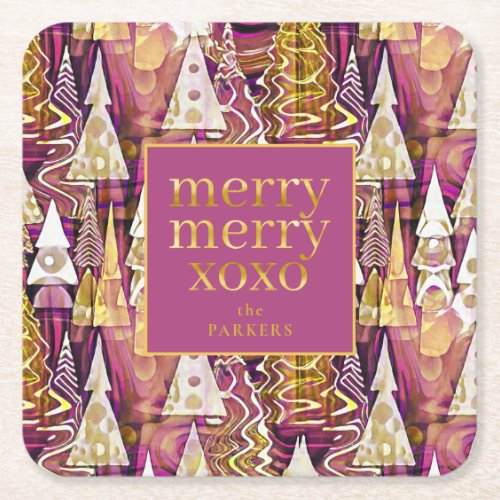 Magenta Gold Christmas Merry Pattern25 ID1009 Square Paper Coaster