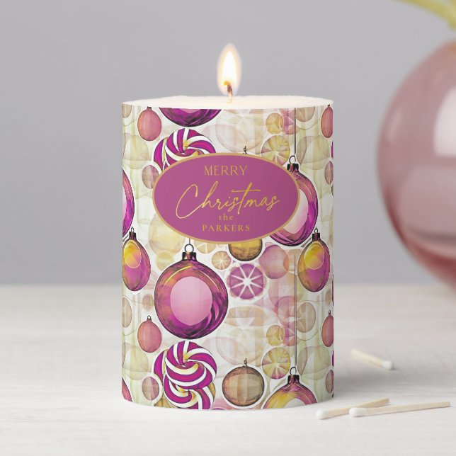Magenta Gold Christmas Pattern#6 ID1009 Pillar Candle (In Situ)