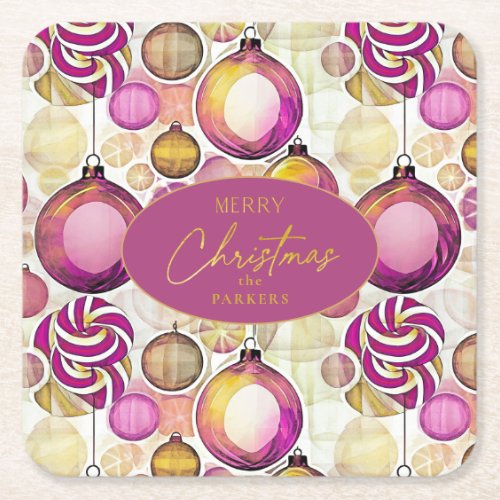 Magenta Gold Christmas Pattern6 ID1009 Square Paper Coaster