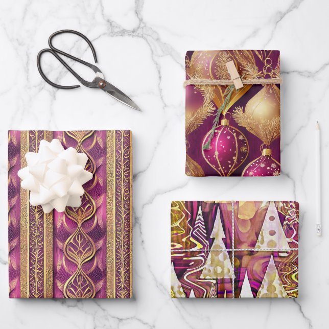 Magenta Gold Christmas Patterns #12#25#27 ID1009 Wrapping Paper Sheets (Front)