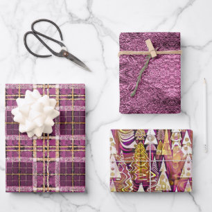 Magenta Gold Christmas Patterns #7#25#32 ID1009 Wrapping Paper Sheets