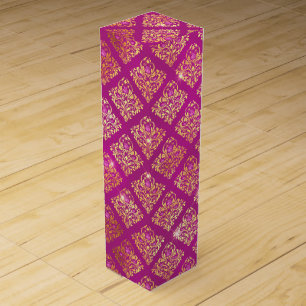 Magenta & Gold Damask Sparkle Pattern Wine Box