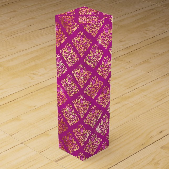 Magenta & Gold Damask Sparkle Pattern Wine Box (Front)