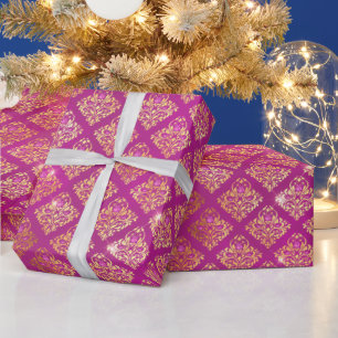 Magenta & Gold Damask Sparkle Pattern Wrapping Paper