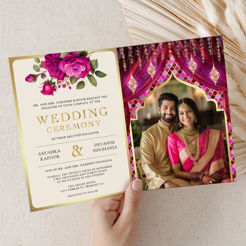 Magenta Gold Floral Curtain Indian Hindu Wedding Invitation
