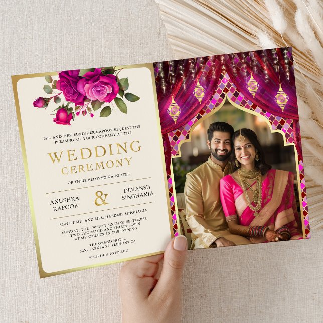Magenta Gold Floral Curtain Indian Hindu Wedding Invitation (Creator Uploaded)