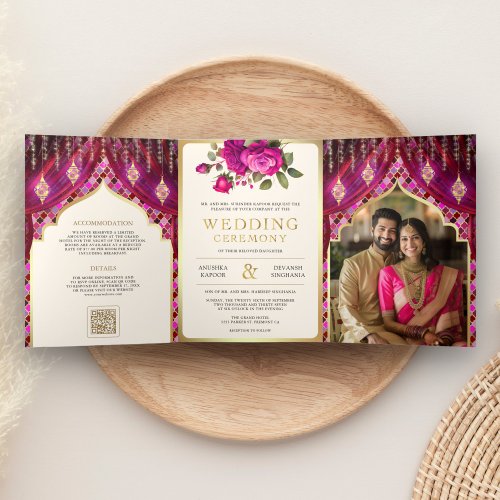 Magenta Gold Floral Curtain Indian Hindu Wedding Tri_Fold Invitation