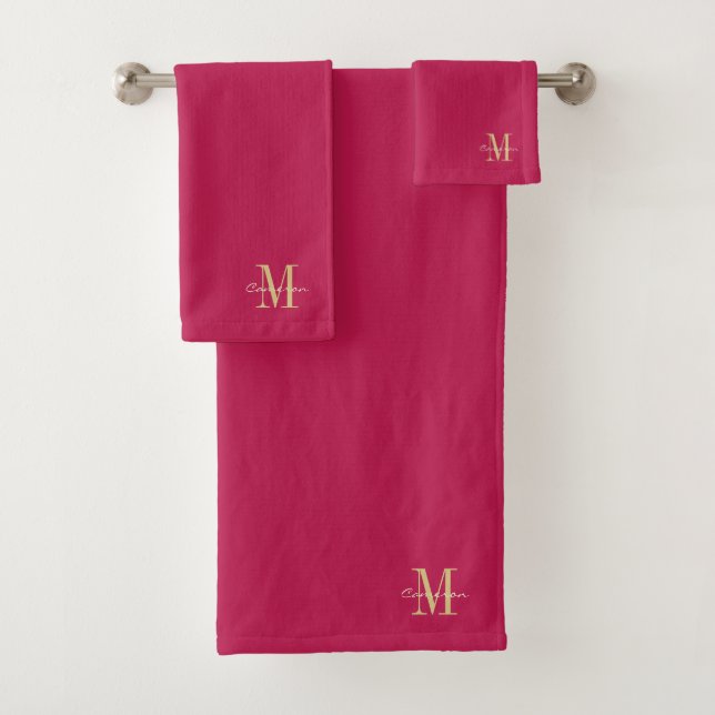   Magenta Gold Initial and Name Personalized Bath Towel Set (Insitu)