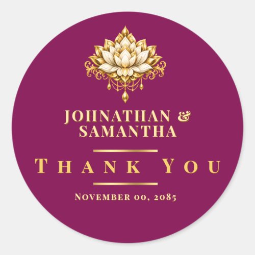 Magenta Gold Lotus Flower Indian Thank You Classic Round Sticker