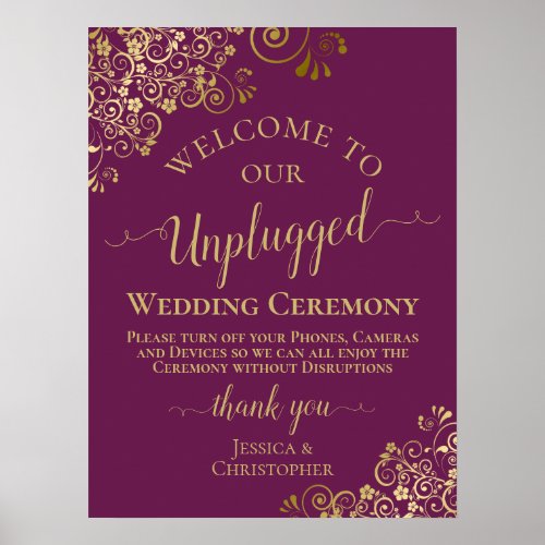 Magenta  Gold Stylish Unplugged Wedding Ceremony Poster