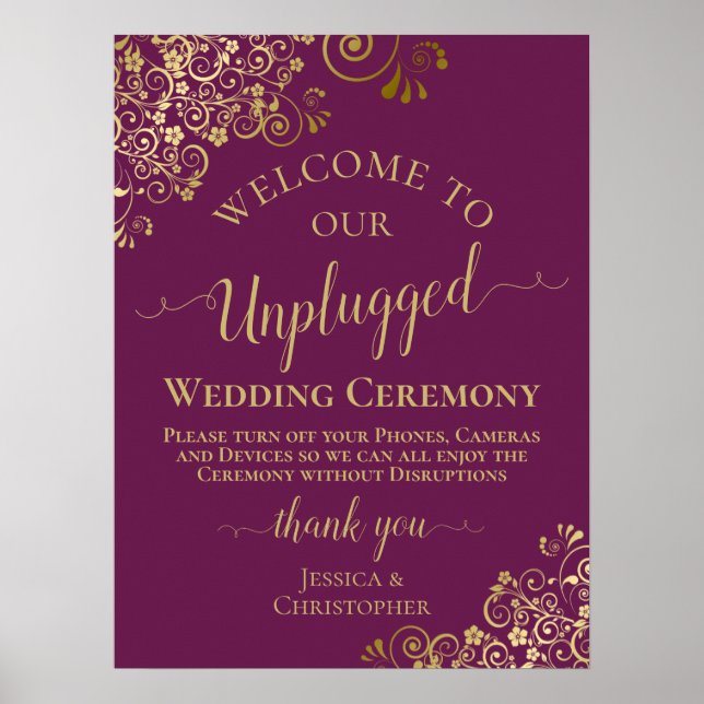 Magenta & Gold Stylish Unplugged Wedding Ceremony Poster (Front)