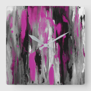 Magenta Gray Black and White Abstract Square Wall Clock