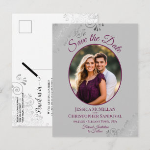 Magenta & Gray Lacy Wedding Save the Date Photo Announcement Postcard